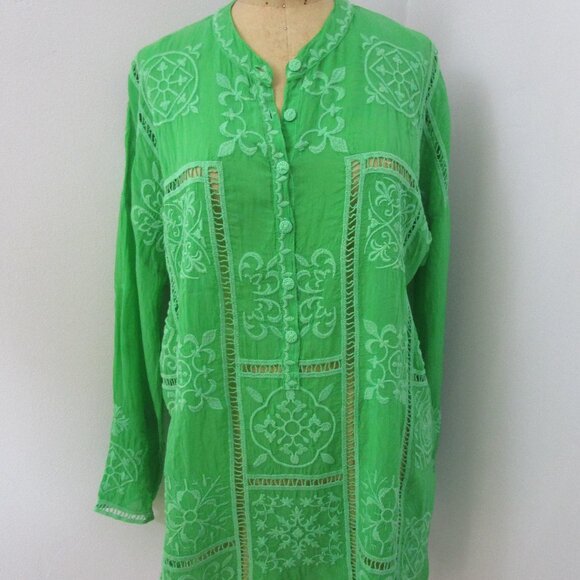 Embroidered Tunic Top Blouse Cheery Green Rayon Bohemian - Picture 2 of 8